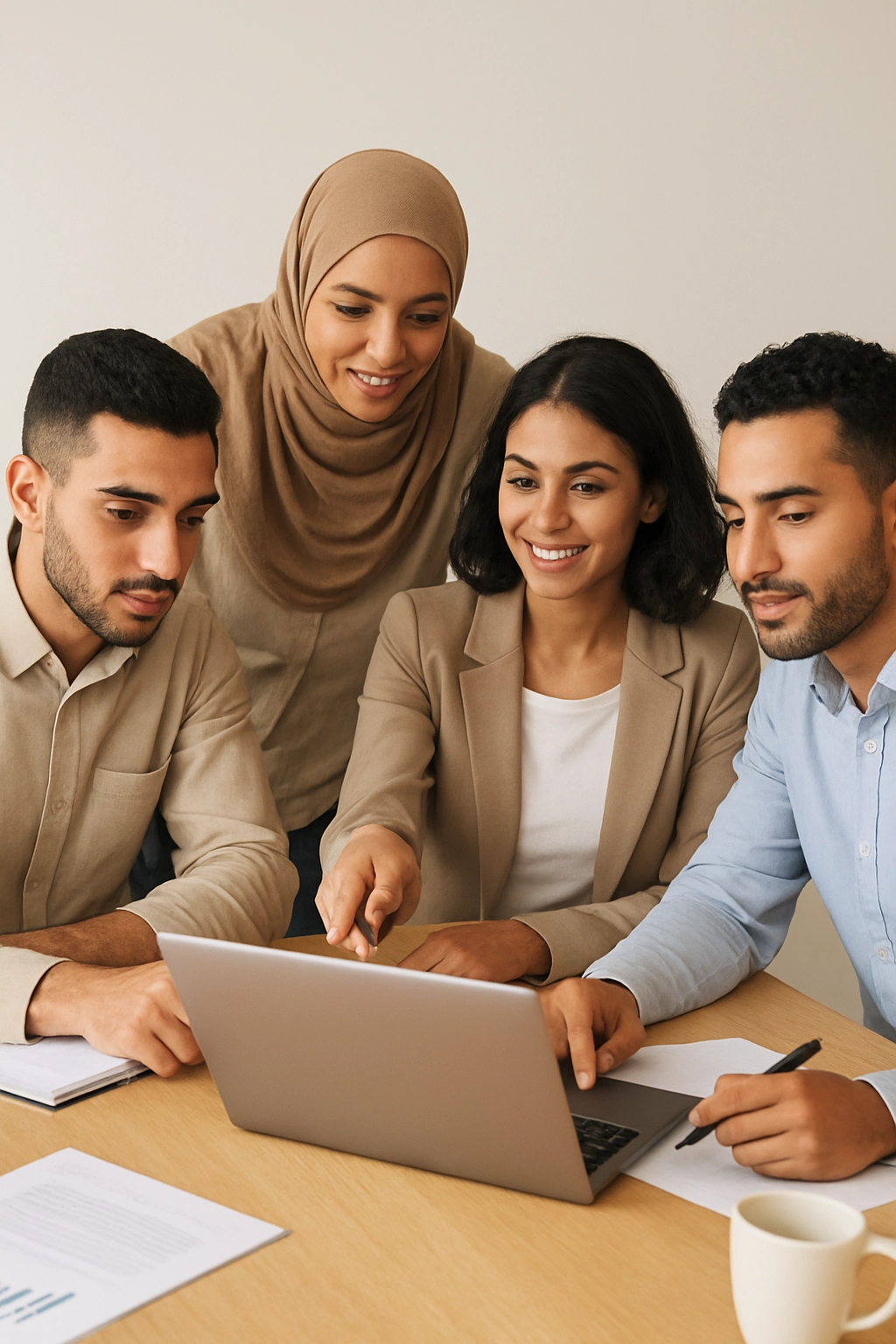 Diverse team collaborating around a table with laptops and notes